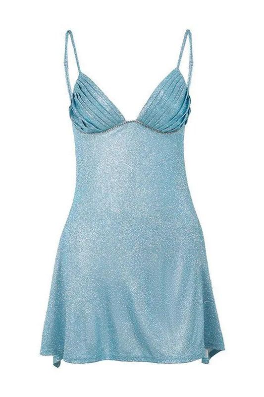 V-neck Green Pleated Bust Short Dress with Beaded