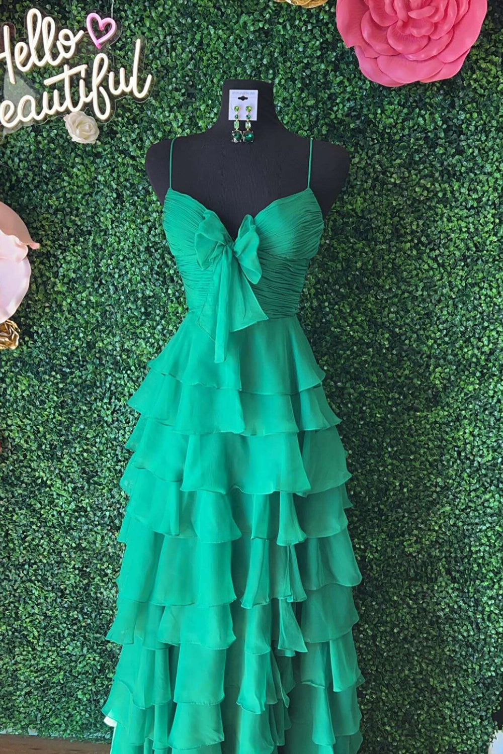 V-neck Green Pleated Tiered Long Dress with Bow