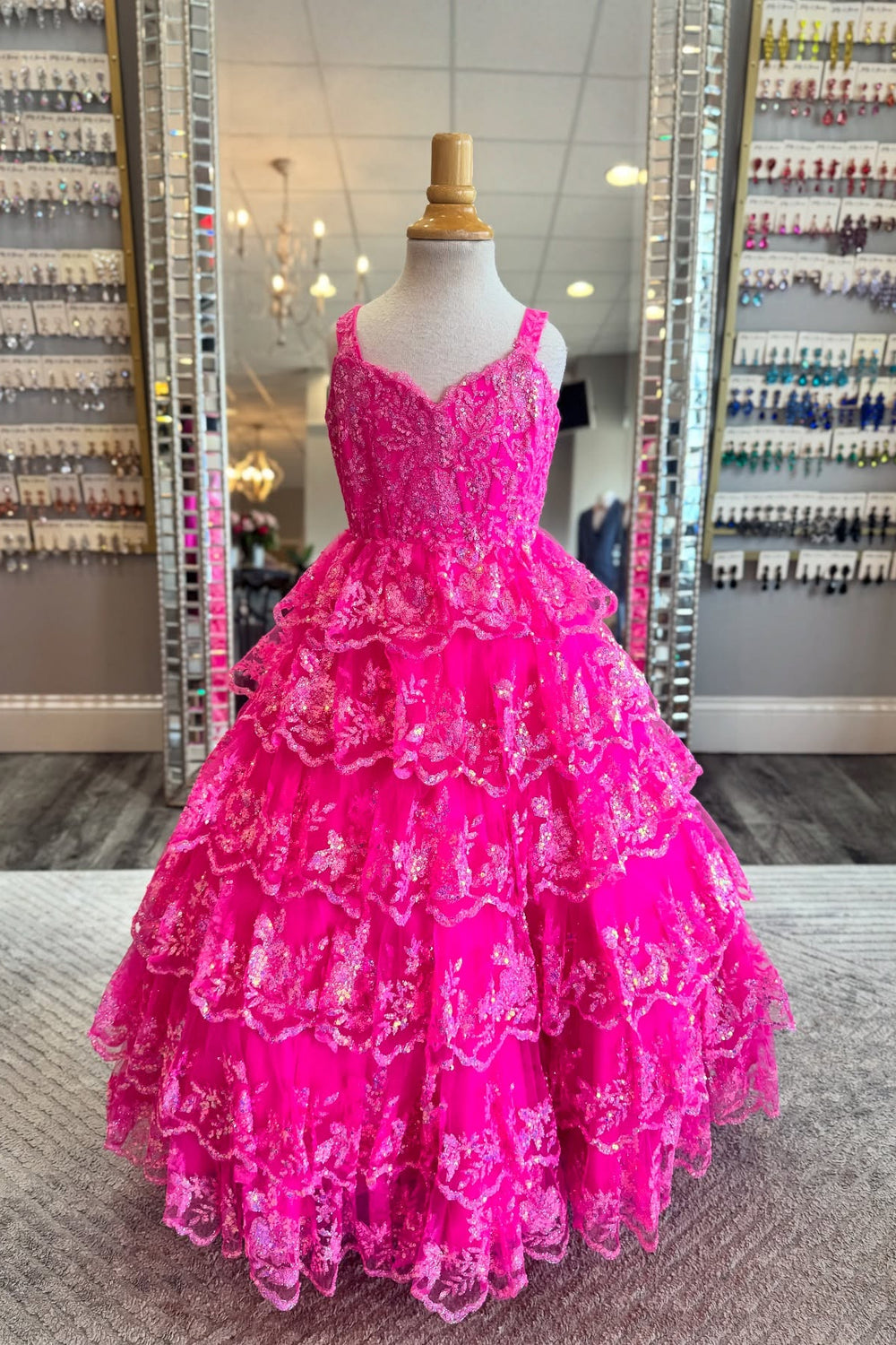 V-neck Hot Pink Sequin Tiered Girl Pageant Dress