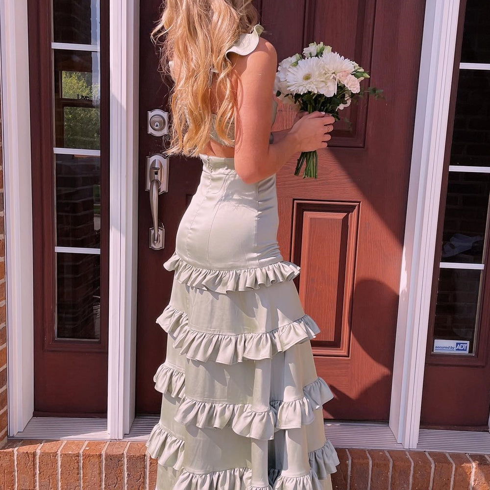 
                      
                        V-neck Ice Blue Ruffle Long Dress with Slit
                      
                    