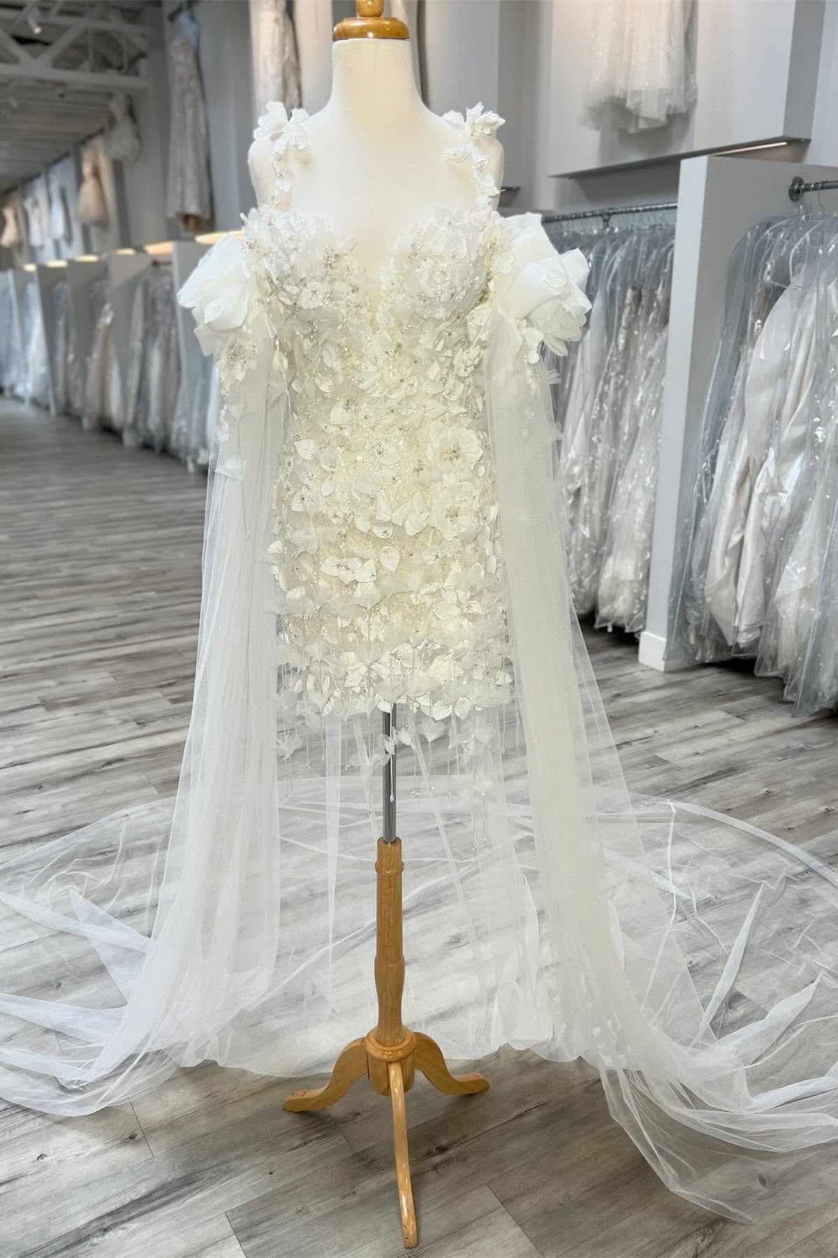 V-neck Ivory 3D Floral Short Wedding Dress PollyBoutique V-neck Ivory 3D Floral Short Wedding Dress PollyBoutique