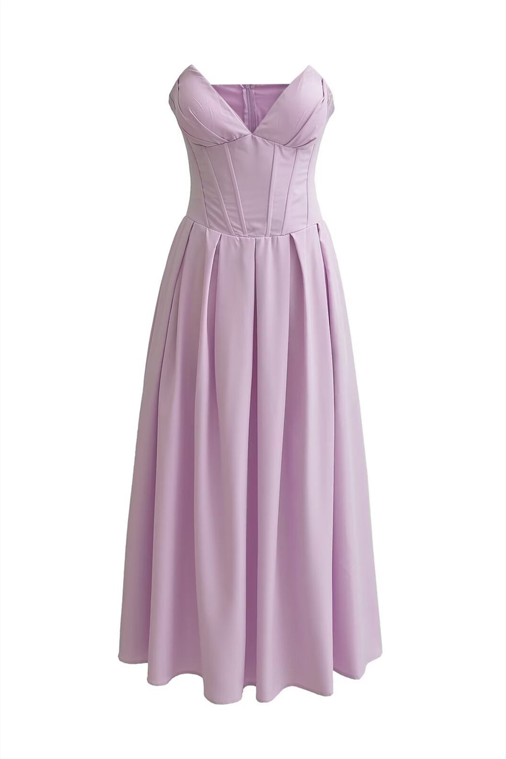 V-neck Lavender Pleated A-line Long Dress