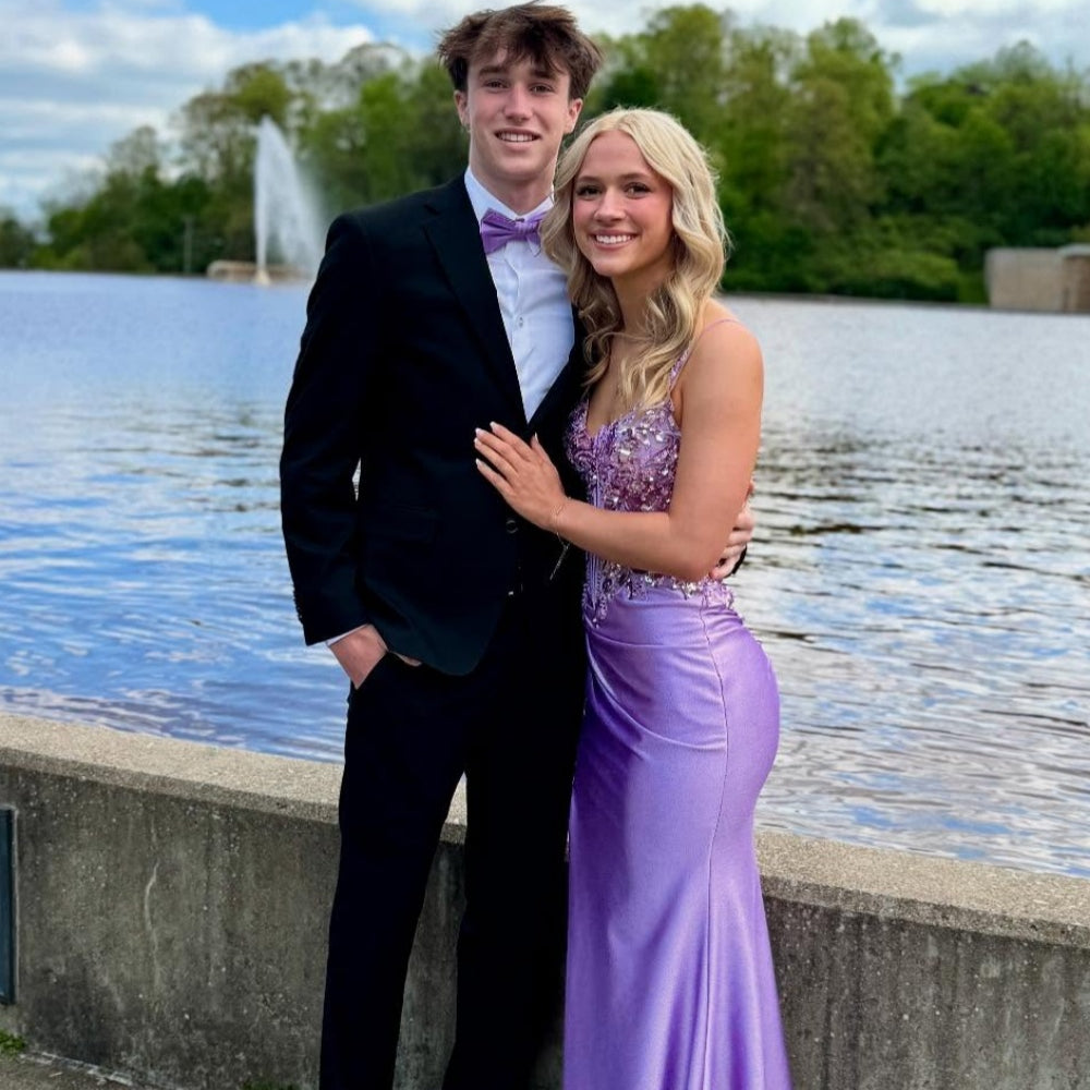 
                      
                        V-neck Lavender Sequin Appliques Long Dress with Slit
                      
                    