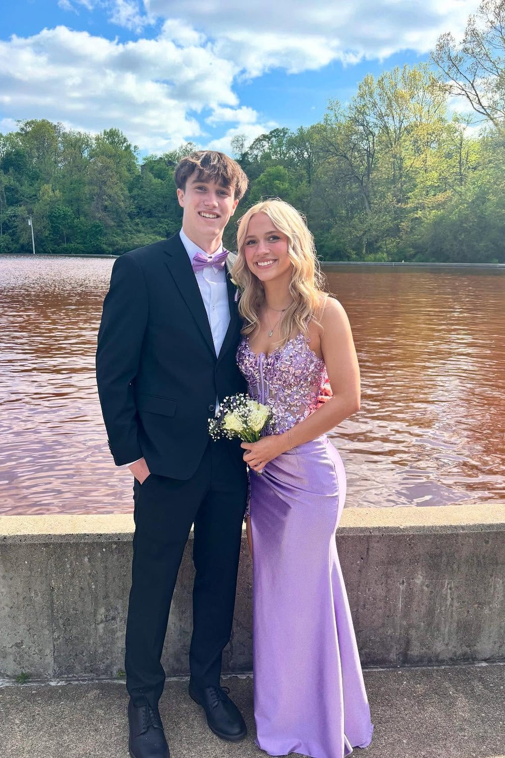 V-neck Lavender Sequin Appliques Long Dress with Slit