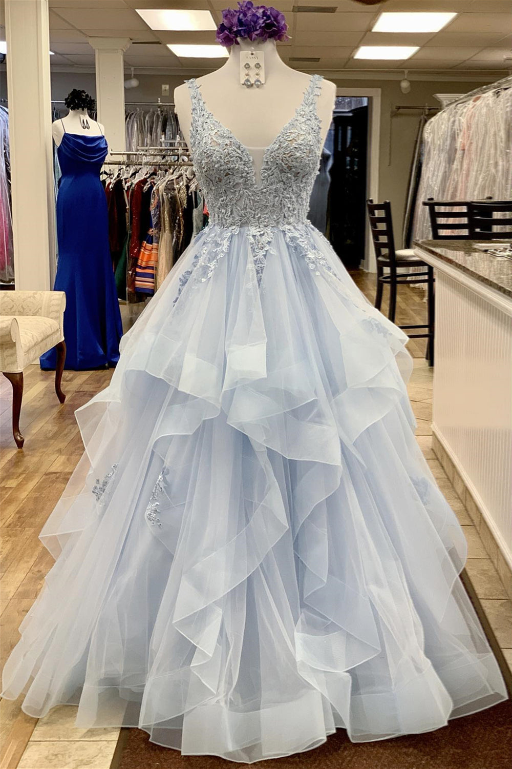 V-neck Light Blue Appliques Ruffles Long Dress