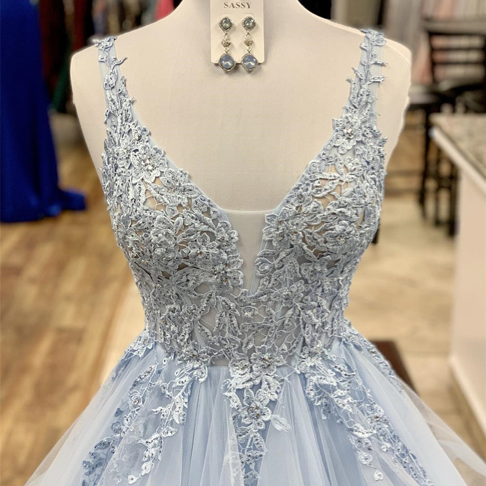 
                      
                        V-neck Light Blue Appliques Ruffles Long Dress
                      
                    