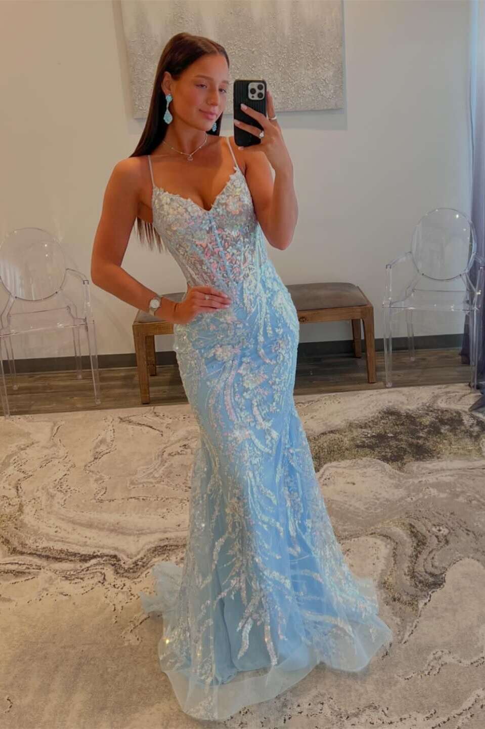 V-neck Light Blue Sequin Mermaid Long Dress