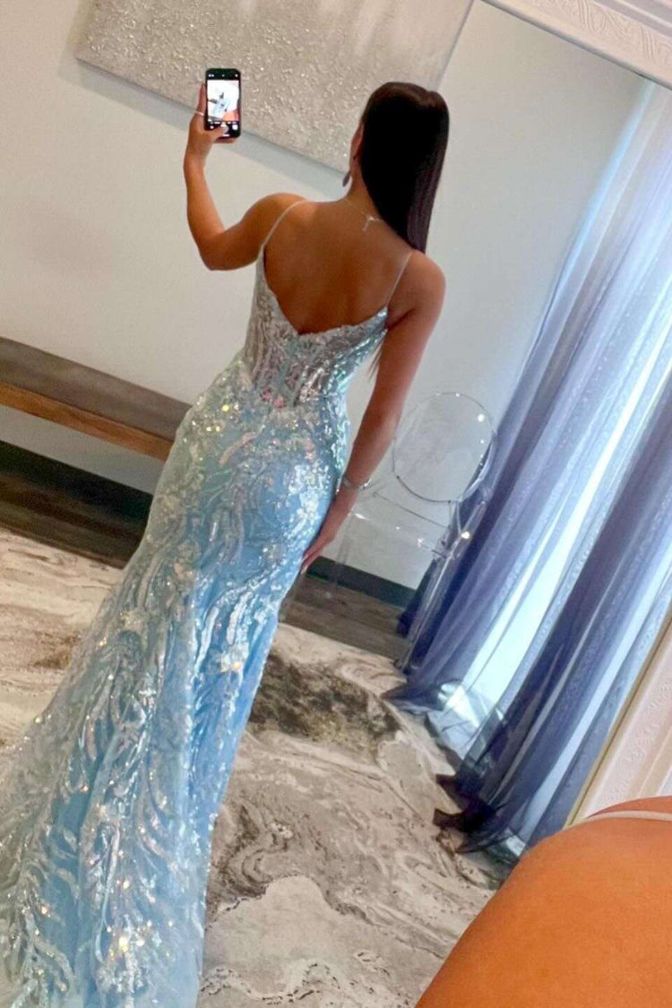 Navy Blue V-Neck Long Sleeve Sequin Mermaid Dress,DP827