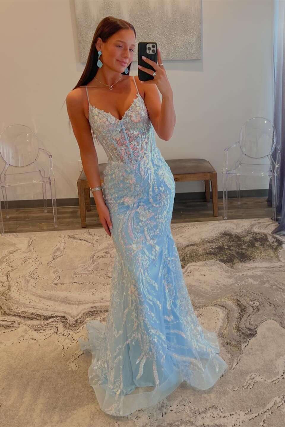 V-neck Light Blue Sequin Mermaid Long Dress – PollyBoutique