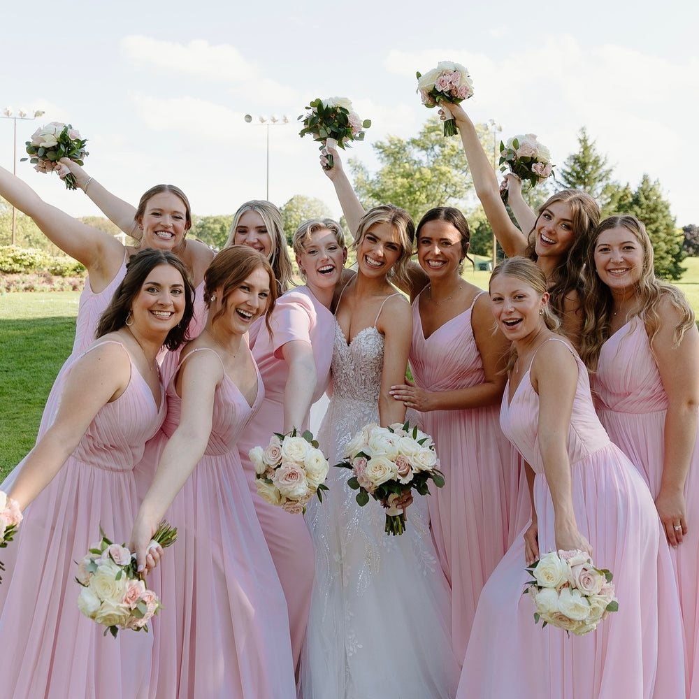 
                      
                        V-neck Light Pink Pleated A-line Bridesmaid Dress
                      
                    