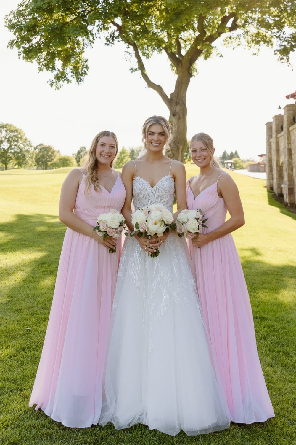 V-neck Light Pink Pleated A-line Bridesmaid Dress