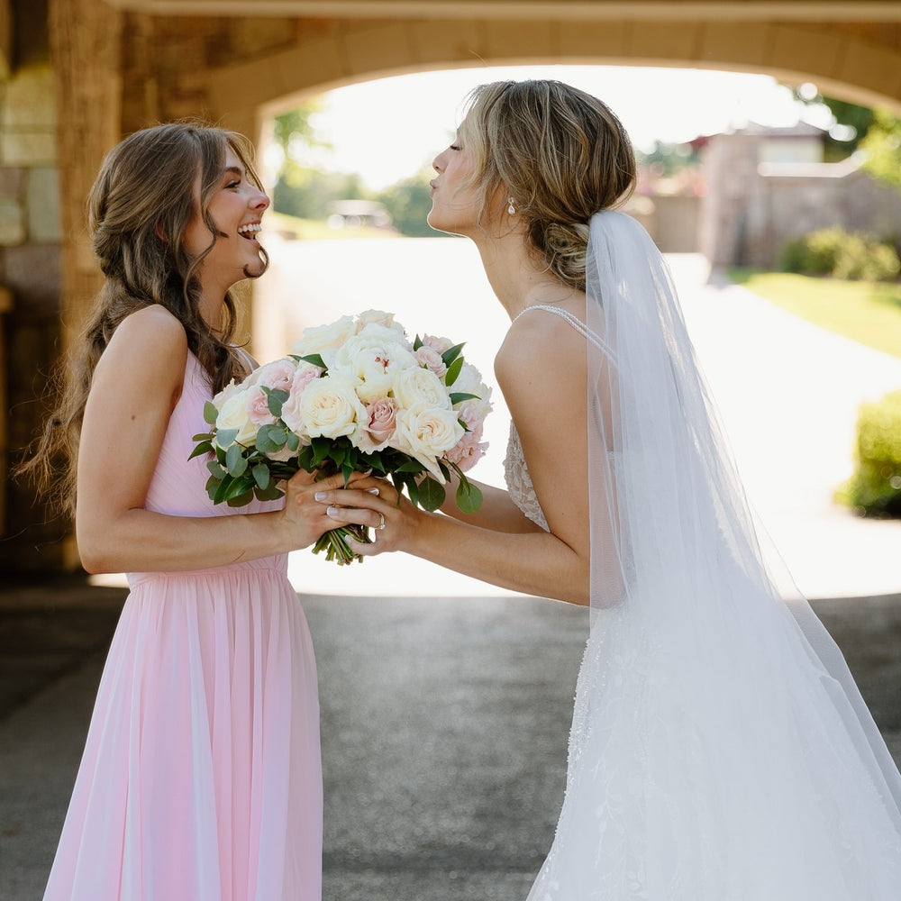 
                      
                        V-neck Light Pink Pleated A-line Bridesmaid Dress
                      
                    