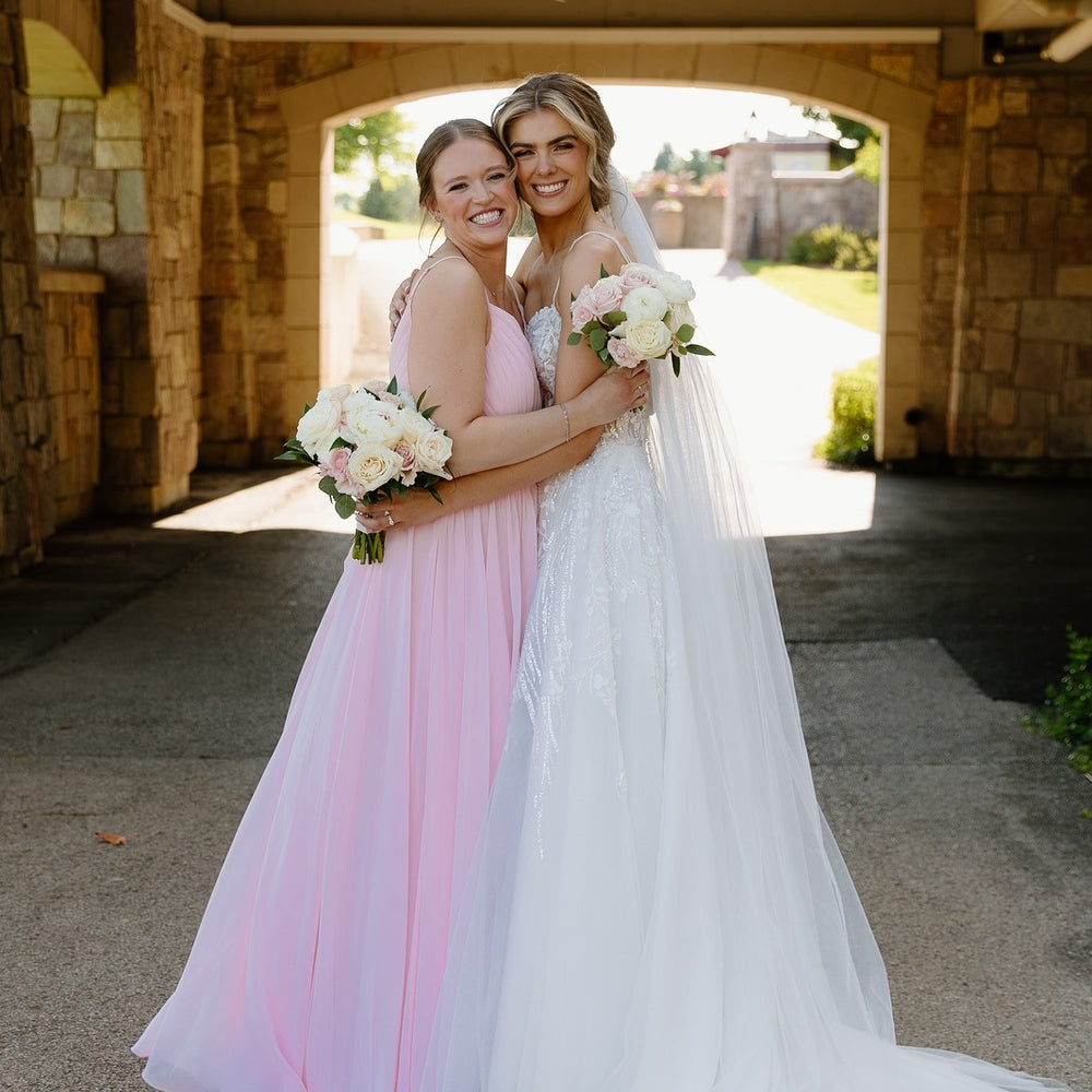 
                      
                        V-neck Light Pink Pleated A-line Bridesmaid Dress
                      
                    