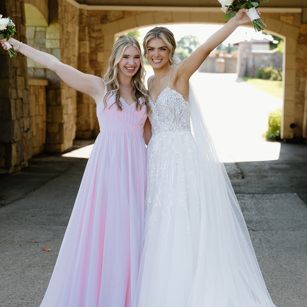 
                      
                        V-neck Light Pink Pleated A-line Bridesmaid Dress
                      
                    