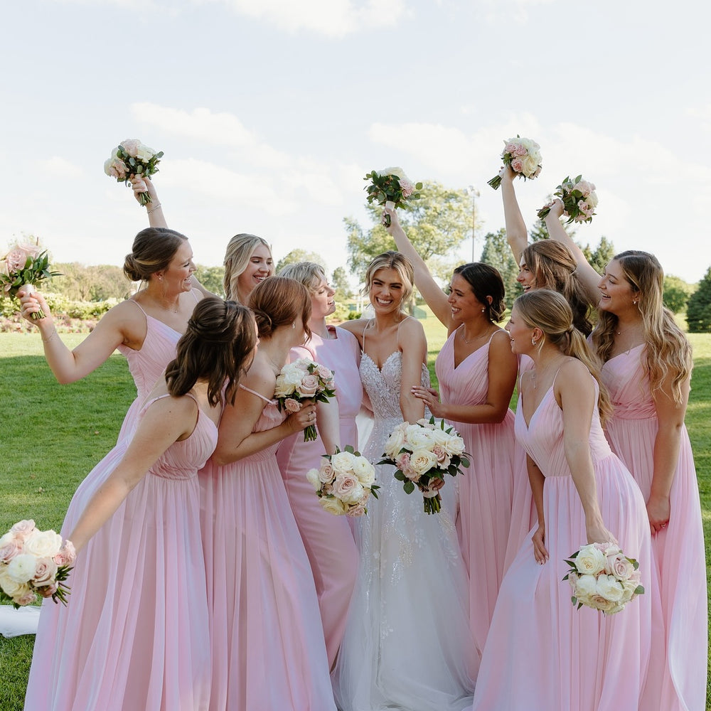 
                      
                        V-neck Light Pink Pleated A-line Bridesmaid Dress
                      
                    
