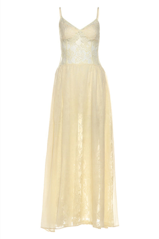 V-neck Light Yellow Sheer A-line Lace Maxi Dress