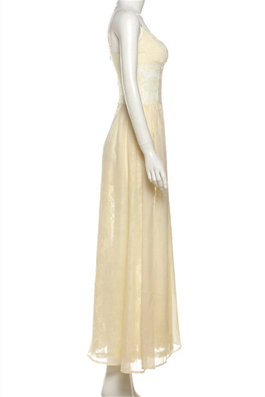 
                      
                        V-neck Light Yellow Sheer A-line Lace Maxi Dress
                      
                    