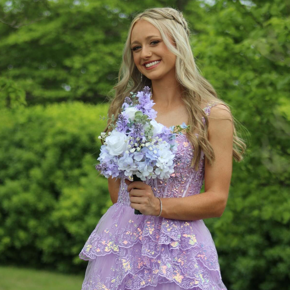 
                      
                        V-neck Lilac Appliques Tiered Long Dress with Sequin
                      
                    