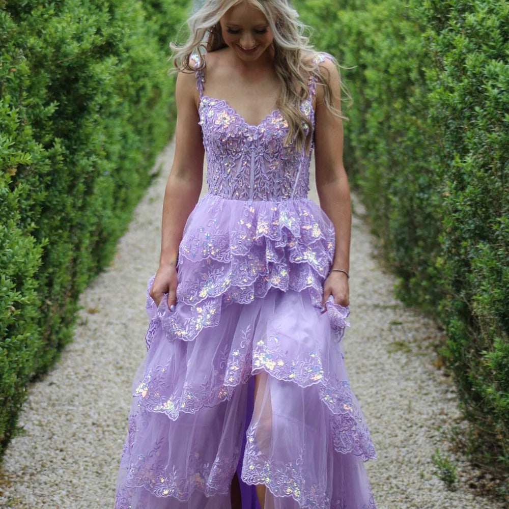 
                      
                        V-neck Lilac Appliques Tiered Long Dress with Sequin
                      
                    