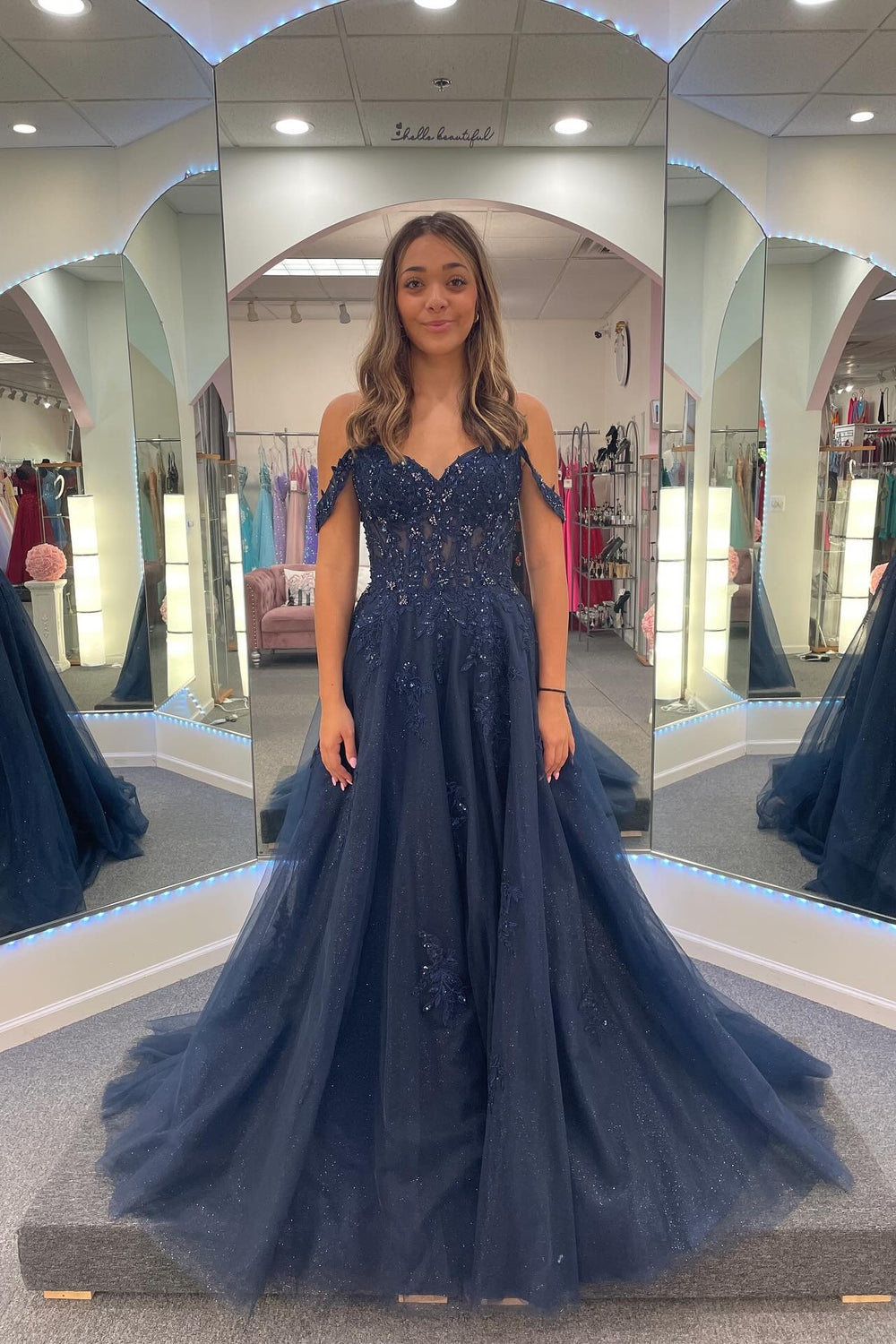 V-neck Navy Blue Appliques Sparkle Tulle Long Dress