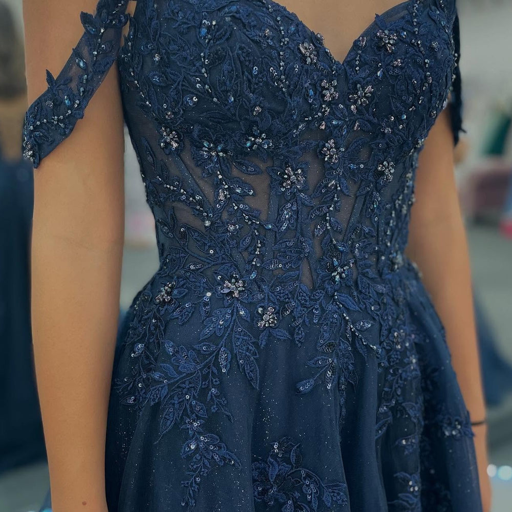 
                      
                        V-neck Navy Blue Appliques Sparkle Tulle Long Dress
                      
                    