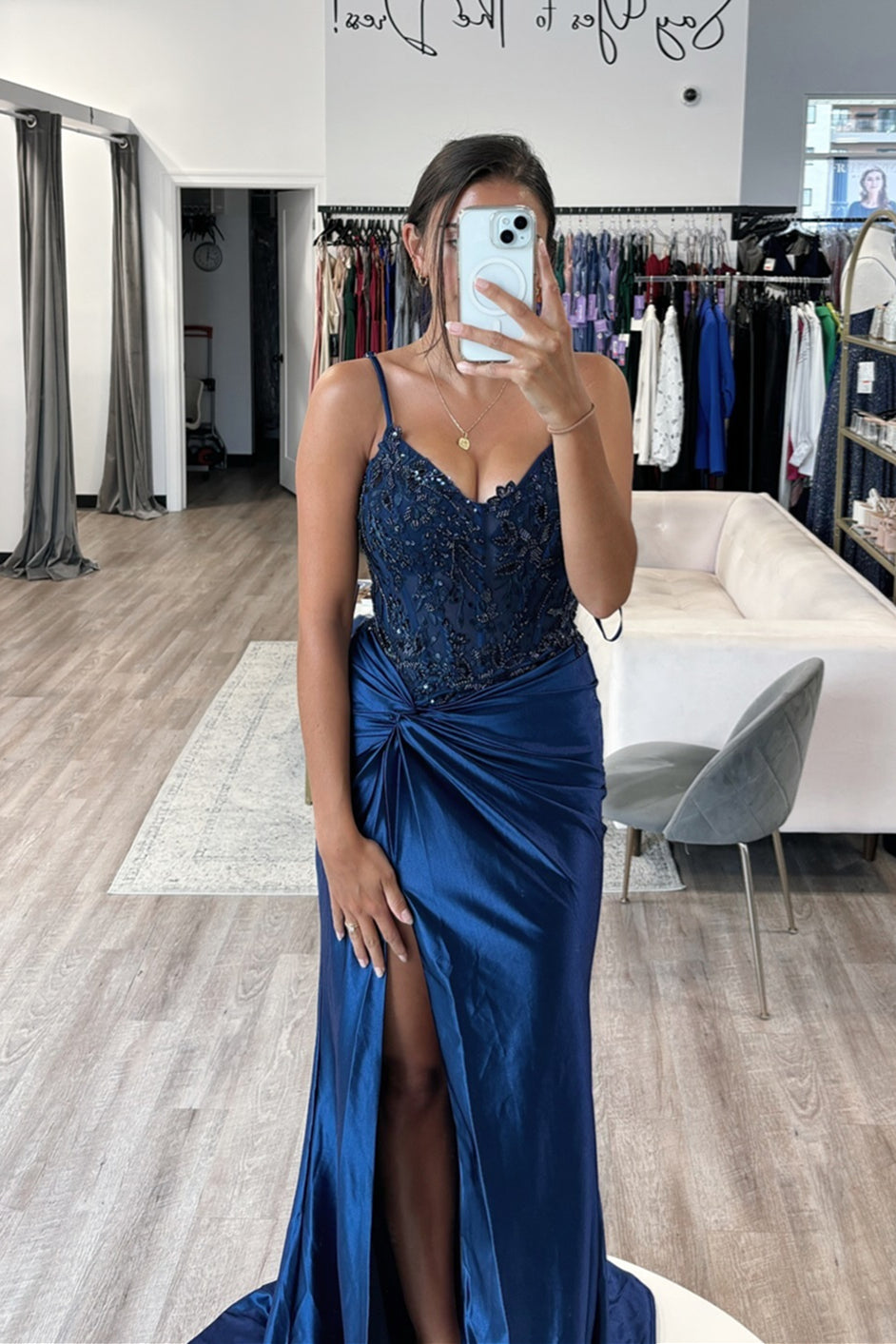 V-neck Navy Blue Beaded Ruched Long Dress