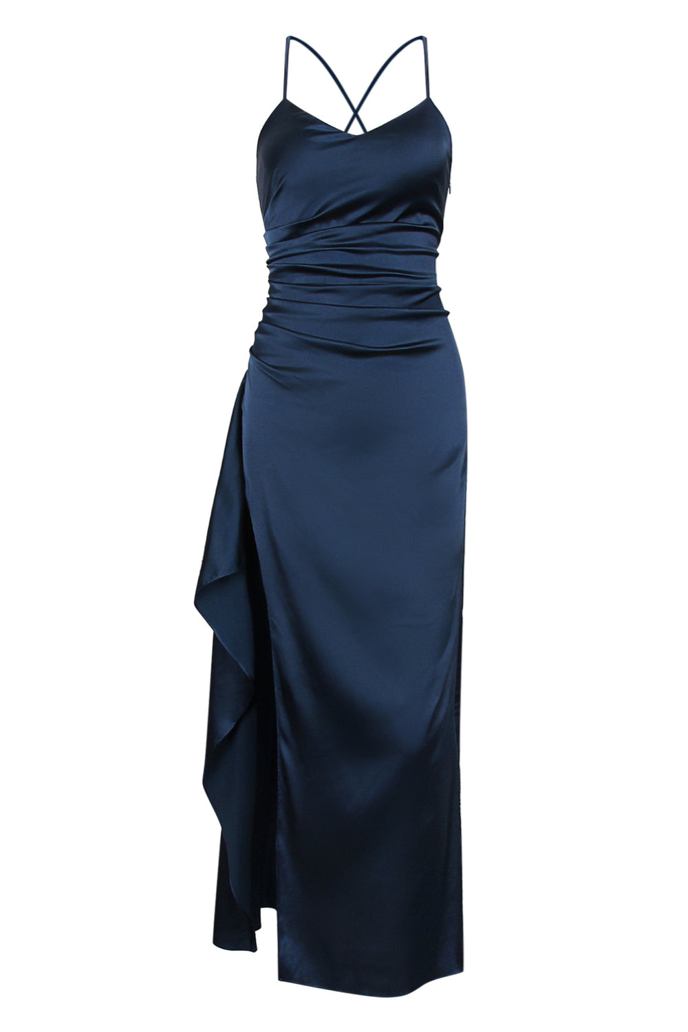 V-neck Navy Blue Ruched Long Dress with Slit