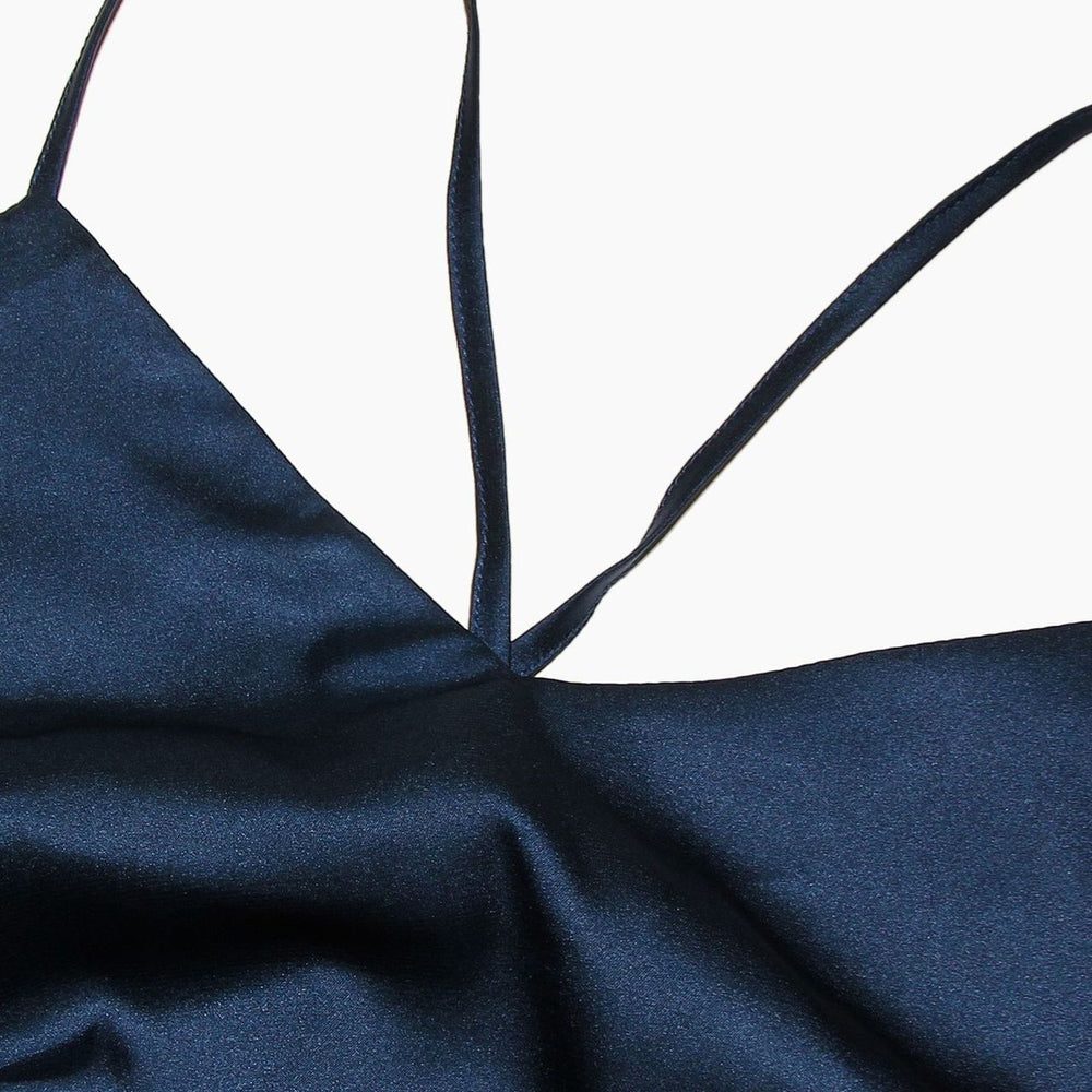 
                      
                        V-neck Navy Blue Ruched Long Dress with Slit
                      
                    