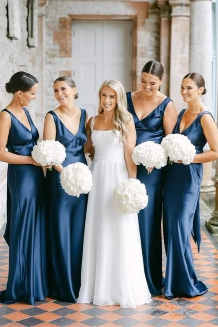 V-neck Navy Blue Satin Bridesmaid Dress