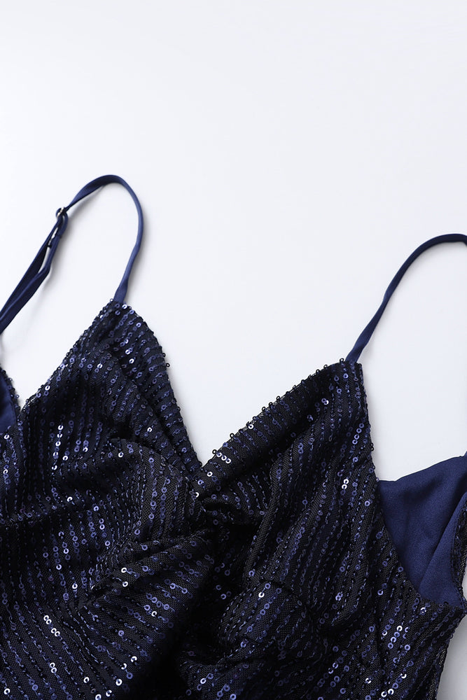 
                      
                        V-neck Navy Blue Sequin Long Dress with Keyhole
                      
                    