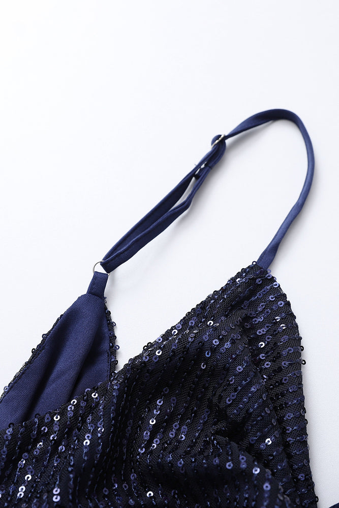 
                      
                        V-neck Navy Blue Sequin Long Dress with Keyhole
                      
                    