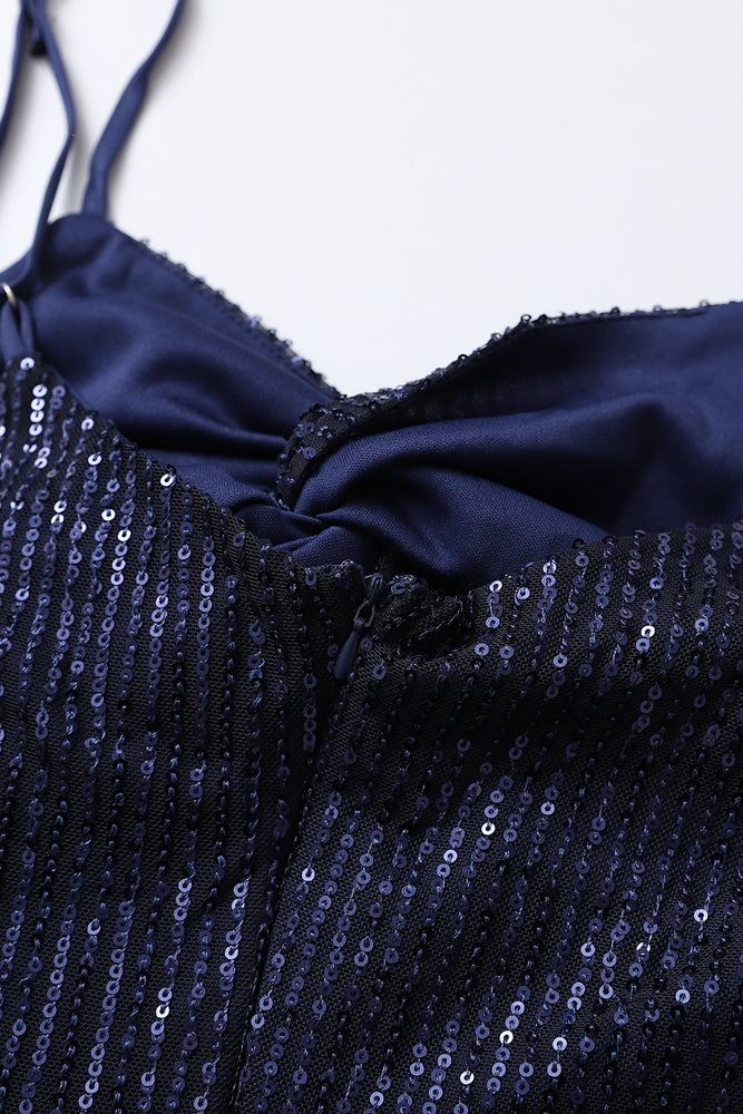 
                      
                        V-neck Navy Blue Sequin Long Dress with Keyhole
                      
                    