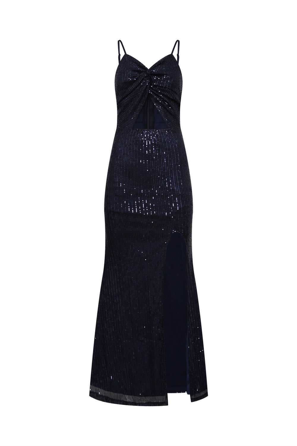 V-neck Navy Blue Sequin Long Dress with Keyhole