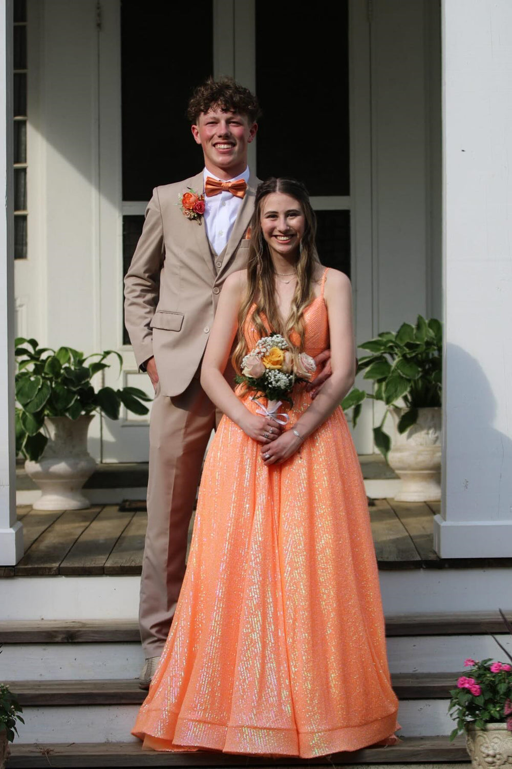 V-neck Orange Sequin A-line Long Prom Dress