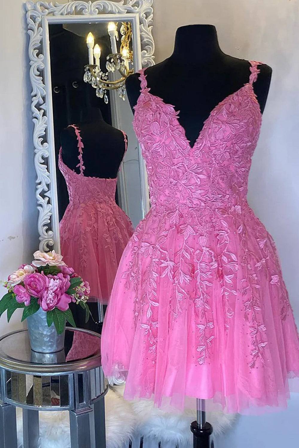 V-neck Pink Appliques A-line Short Tulle Dress