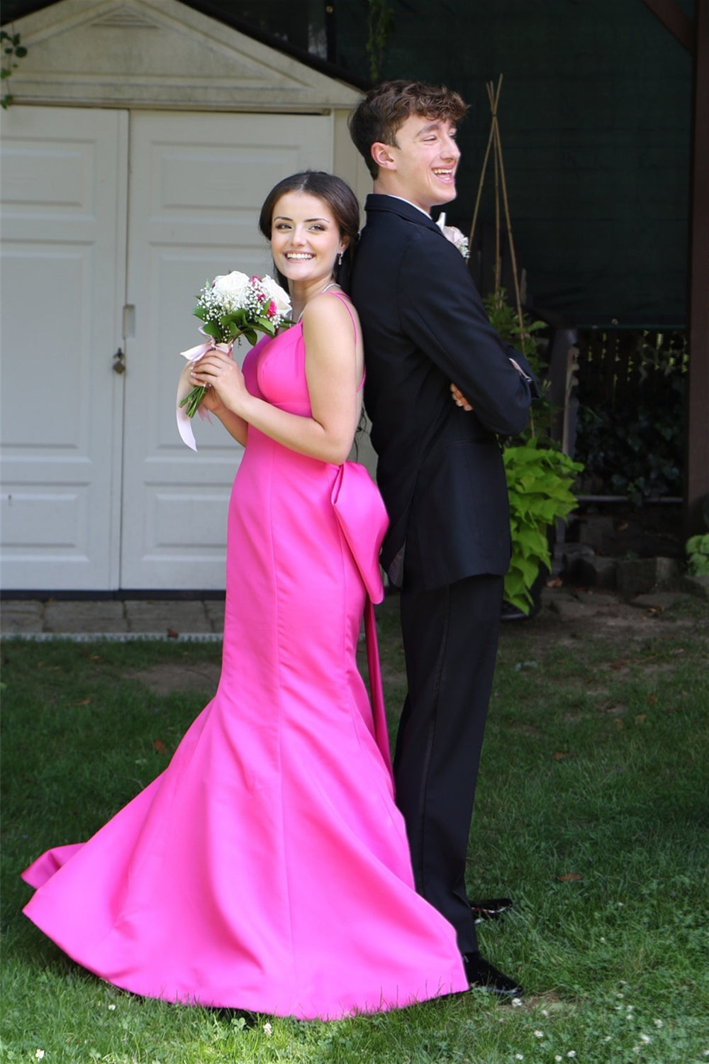 V-neck Pink Back Bow Mermaid Long Dress