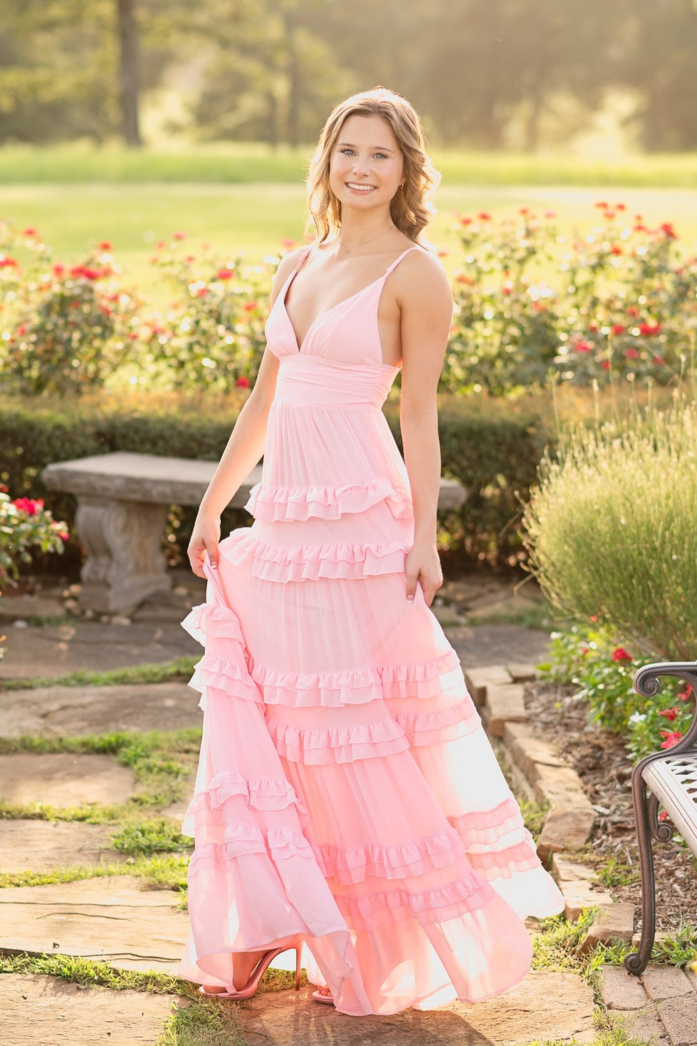 V-neck Pink Ruffle Hem Chiffon Bridesmaid Dress