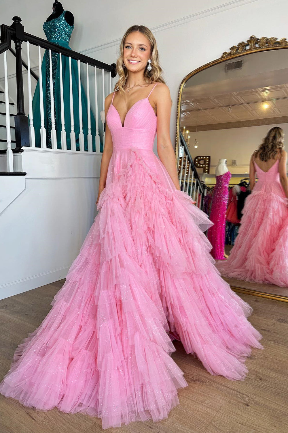 V-neck Pink Ruffle Tiered A-line Long Dress with Slit