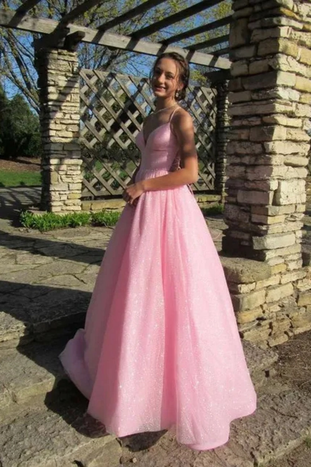 V-neck Pink Sparkle Tulle A-line Long Dress