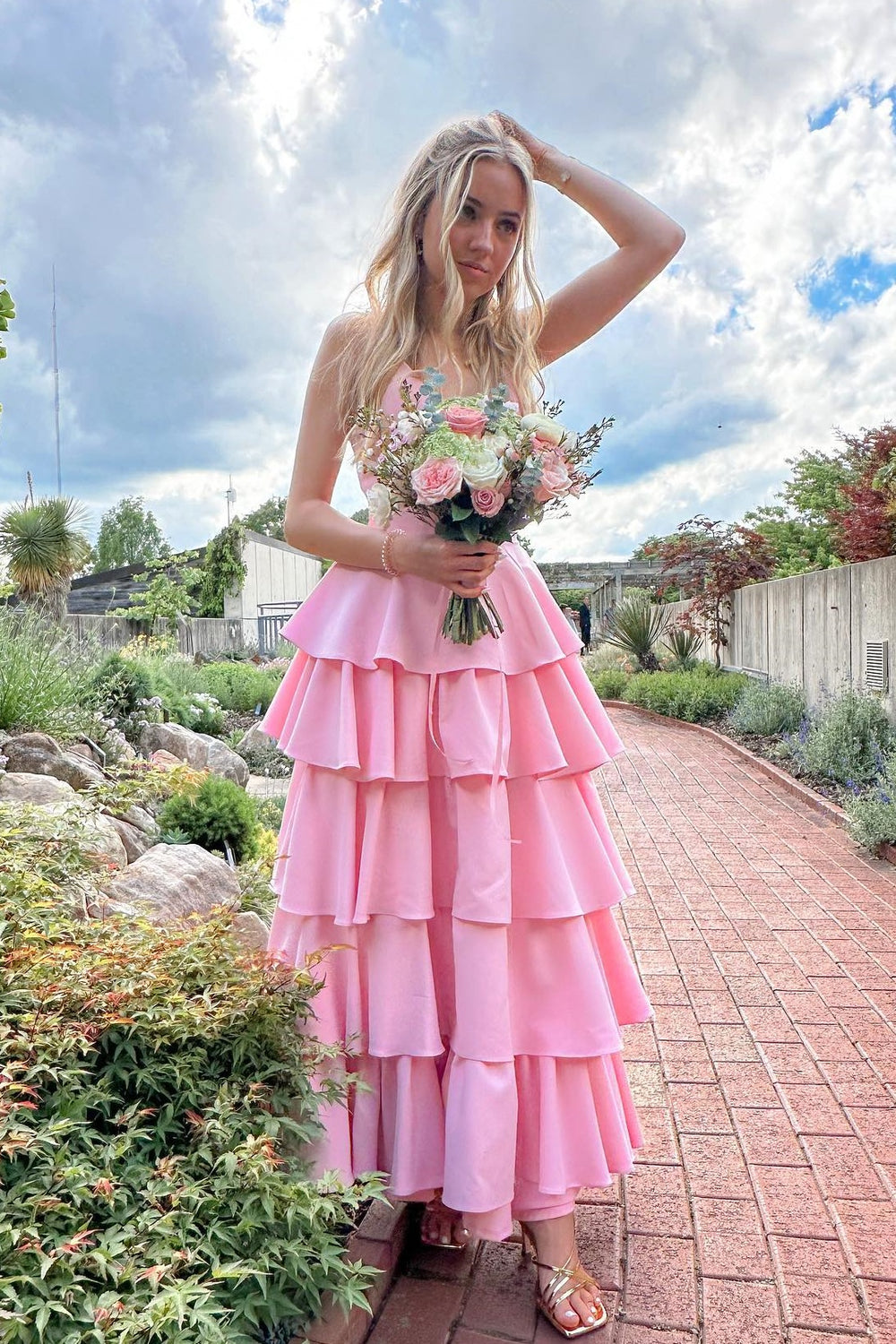 V-neck Pink Tiered A-line Long Dress