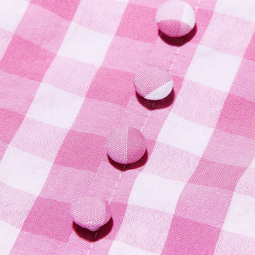 
                      
                        V-neck Pink and White Plaid Short Dress with Button
                      
                    