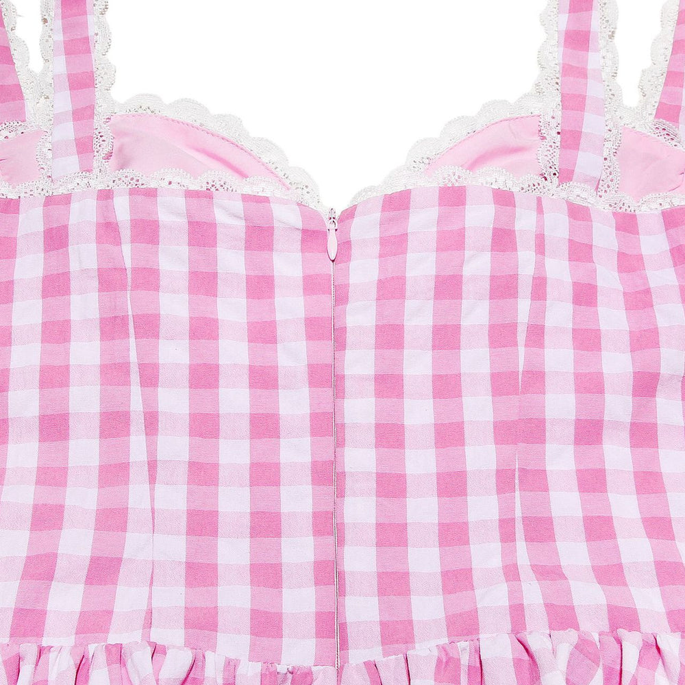 
                      
                        V-neck Pink and White Plaid Short Dress with Button
                      
                    