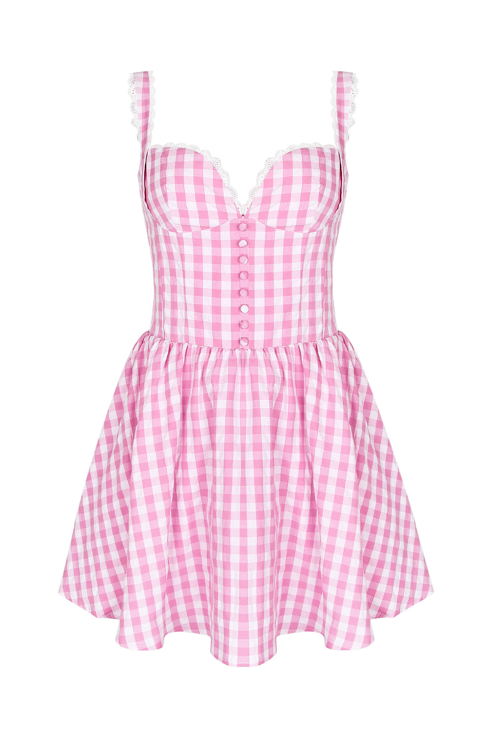 V-neck Pink and White Plaid Short Dress with Button