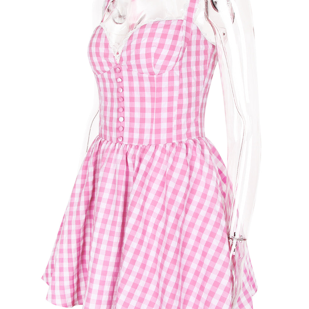 
                      
                        V-neck Pink and White Plaid Short Dress with Button
                      
                    