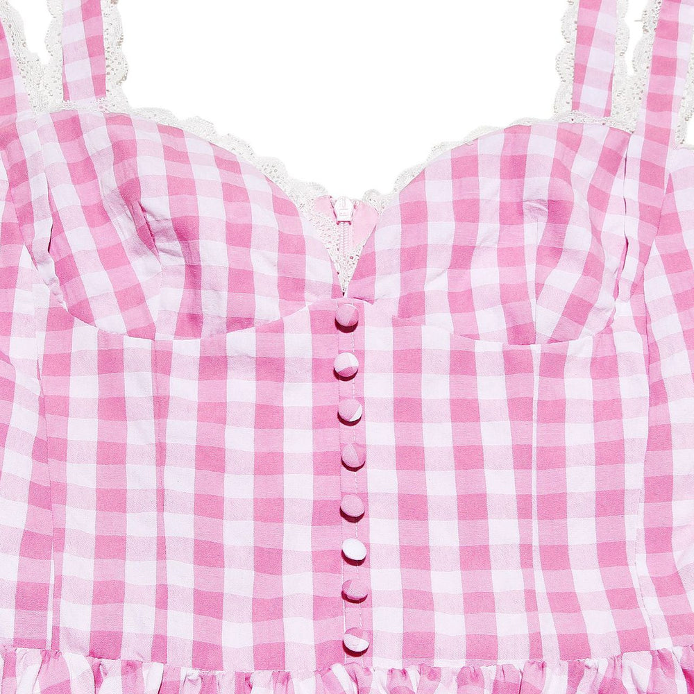 
                      
                        V-neck Pink and White Plaid Short Dress with Button
                      
                    