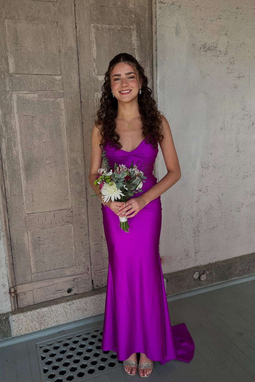 V-neck Purple Lace-up Ruched Mermaid Long Dress