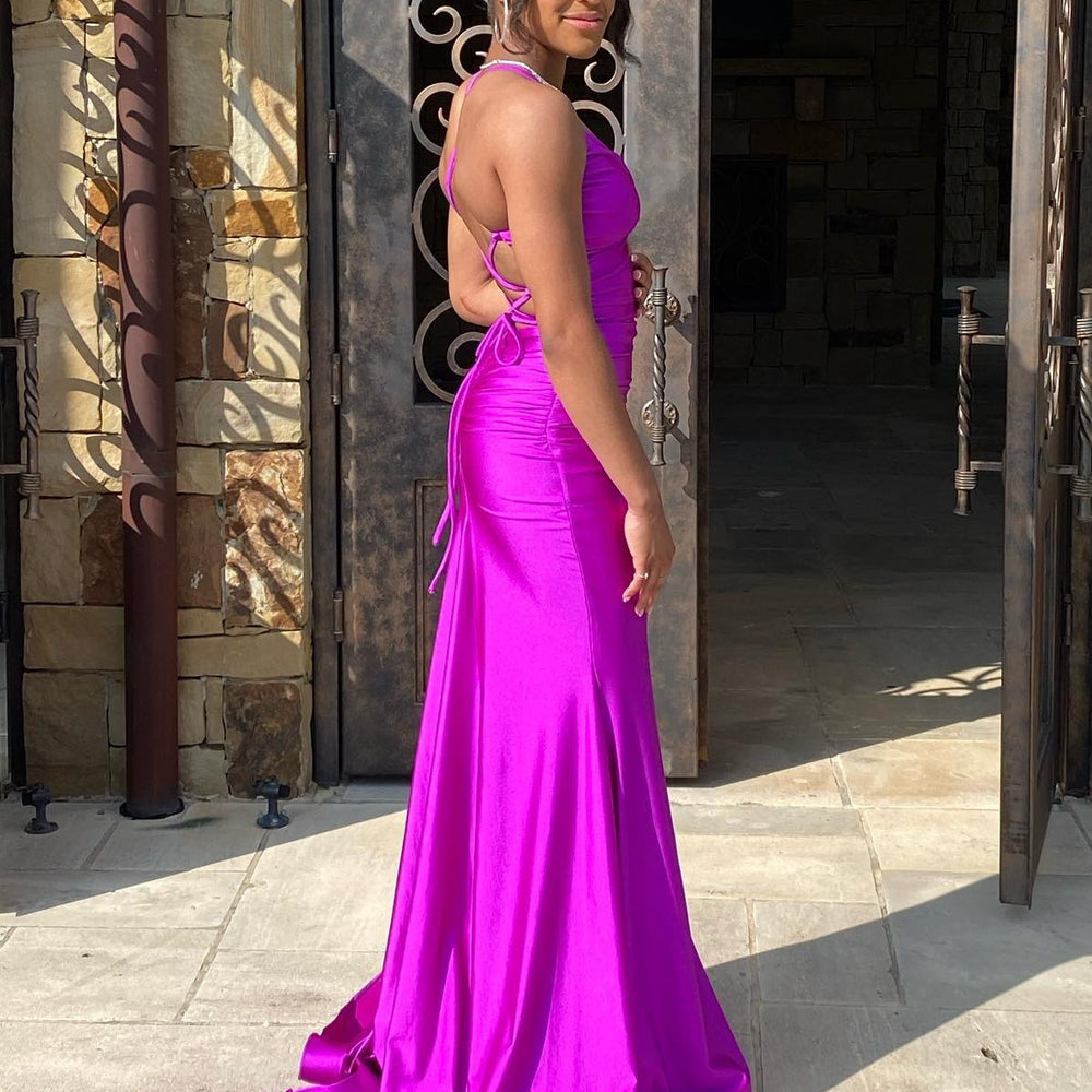 
                      
                        V-neck Purple Lace-up Ruched Mermaid Long Dress
                      
                    