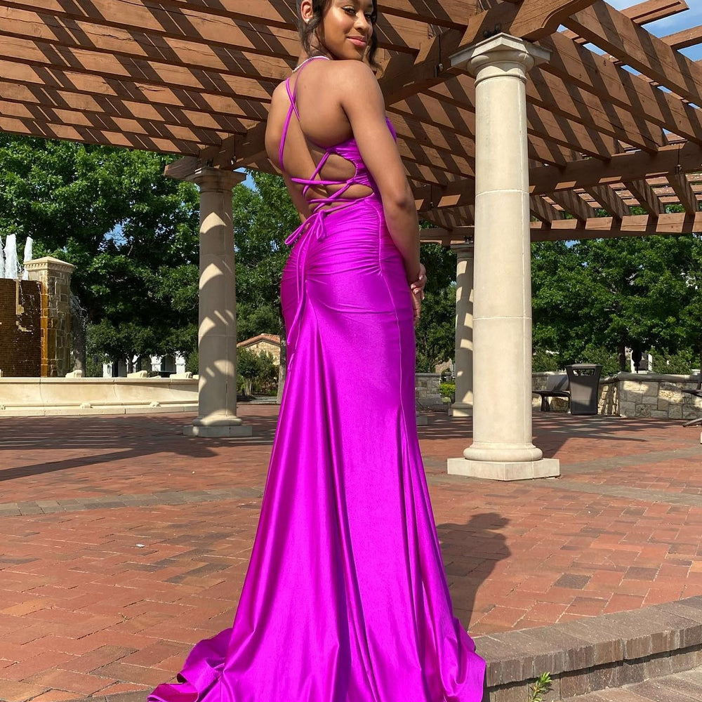 
                      
                        V-neck Purple Lace-up Ruched Mermaid Long Dress
                      
                    