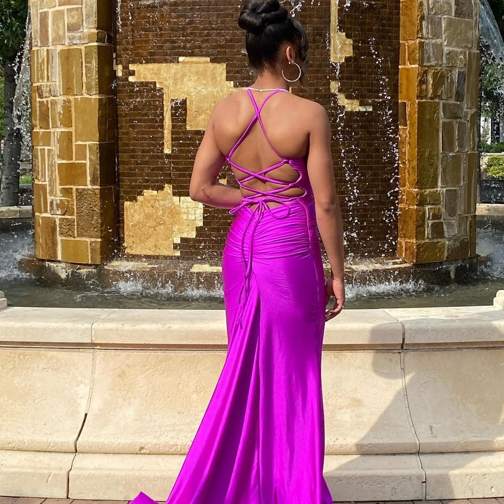
                      
                        V-neck Purple Lace-up Ruched Mermaid Long Dress
                      
                    