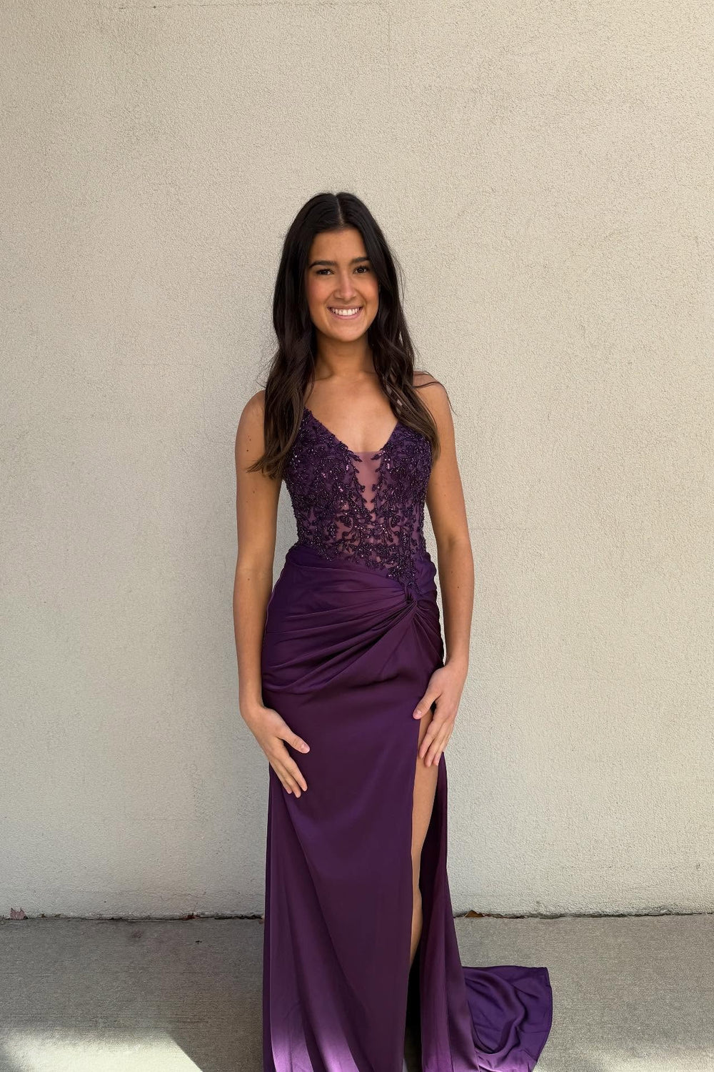 V-neck Purple Twist Beaded Long Dress with Slit